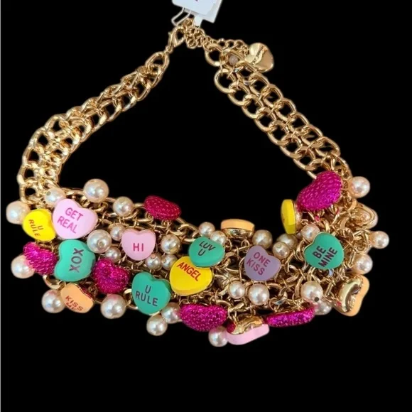BETSEY JOHNSON SET Valentine Conversation Heart Necklace Bracelet & Earrings NWT